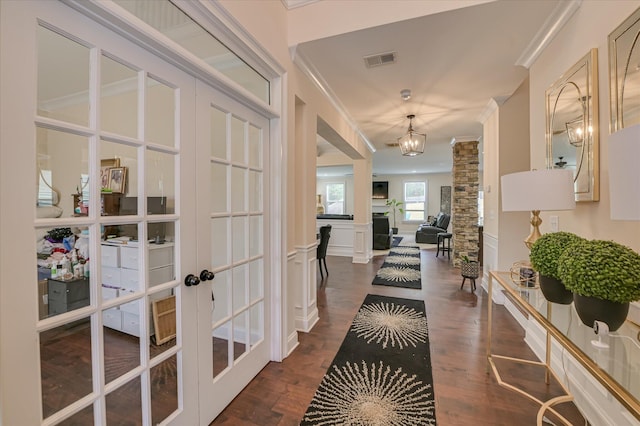 825 Burch Creek Dr, Grovetown, GA 30813 - hallway featuring french doors, ornamental molding, dark wood-type flooring, and a chandelier