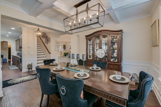 825 Burch Creek Dr, Grovetown, GA 30813 - dining space with coffered ceiling, stairs, beam ceiling, dark wood finished floors, and a wainscoted wall