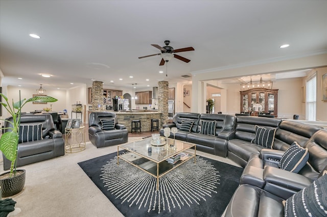 825 Burch Creek Dr, Grovetown, GA 30813 - living room with ornate columns, carpet floors, ceiling fan, recessed lighting, and a chandelier