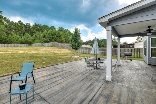 825 Burch Creek Dr, Grovetown, GA 30813 - wooden terrace featuring a fenced backyard, outdoor dining area, a grill, and ceiling fan