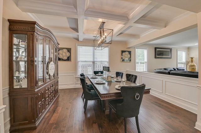 825 Burch Creek Dr, Grovetown, GA 30813 - dining area with a decorative wall, beamed ceiling, dark wood-style floors, a chandelier, and coffered ceiling