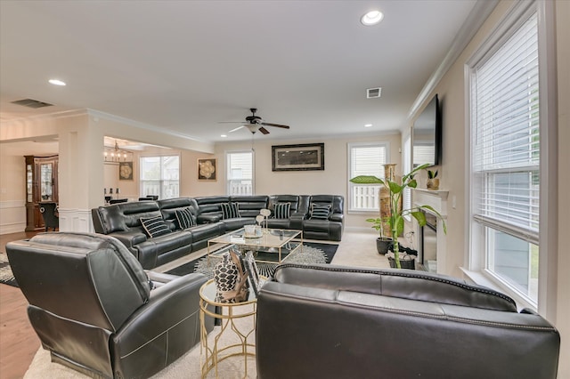 825 Burch Creek Dr, Grovetown, GA 30813 - living area featuring crown molding, plenty of natural light, ceiling fan, recessed lighting, and wood finished floors
