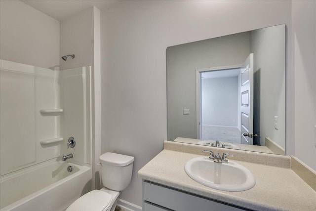 bathroom with toilet, shower / bath combination, and vanity