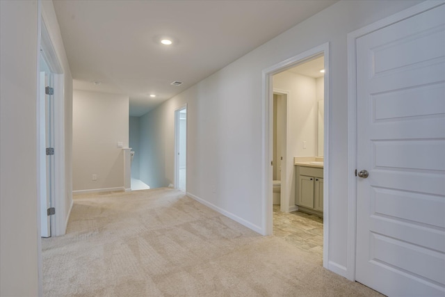 830 Otto Run, North Augusta, SC 29860 - hall with an upstairs landing, light carpet, baseboards, and recessed lighting