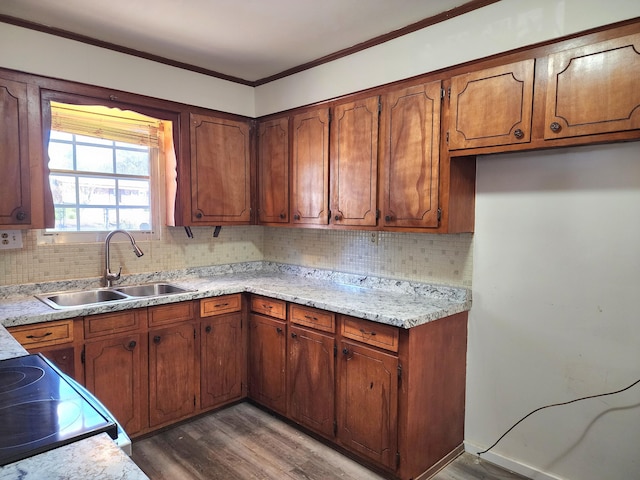 kitchen with sink, dark wood-type flooring, backsplash, crown molding, and range