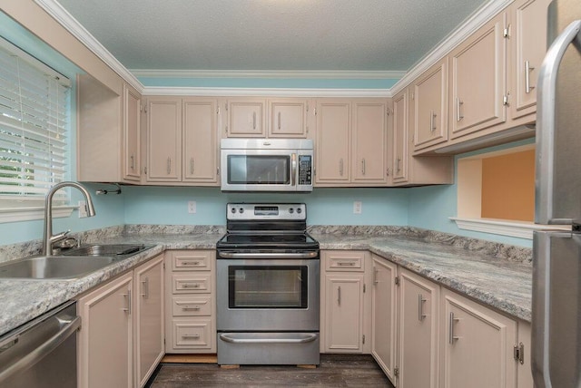 2119 Turtle Ct, Augusta, GA 30907 - kitchen featuring appliances with stainless steel finishes, light countertops, dark wood finished floors, and ornamental molding