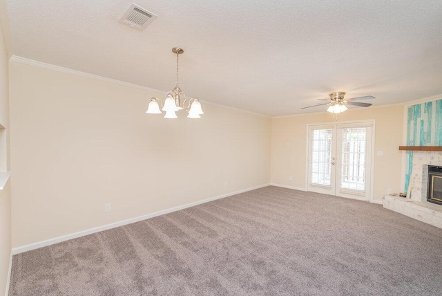 2119 Turtle Ct, Augusta, GA 30907 - unfurnished living room with a chandelier, carpet, crown molding, a fireplace, and a ceiling fan