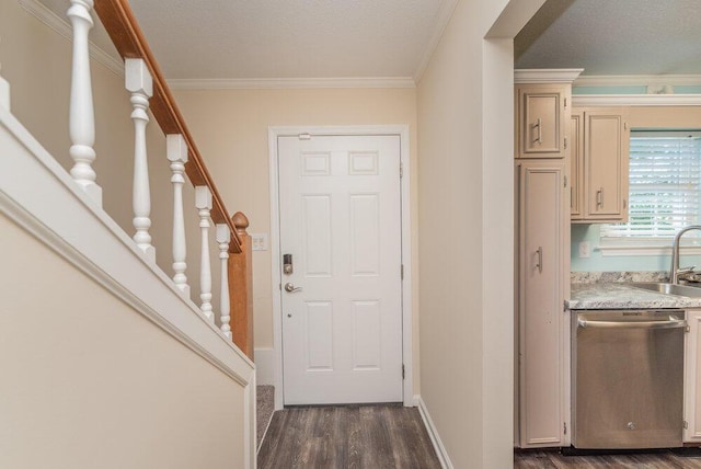 2119 Turtle Ct, Augusta, GA 30907 - foyer entrance featuring dark wood-type flooring, crown molding, and stairs
