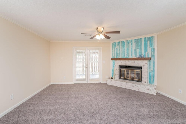 2119 Turtle Ct, Augusta, GA 30907 - unfurnished living room featuring crown molding, carpet flooring, ceiling fan, and a brick fireplace