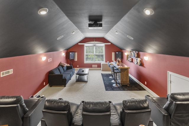 112 Bridge Crest Ct, Aiken, SC 29803 - carpeted cinema room with vaulted ceiling, baseboards, and bar area