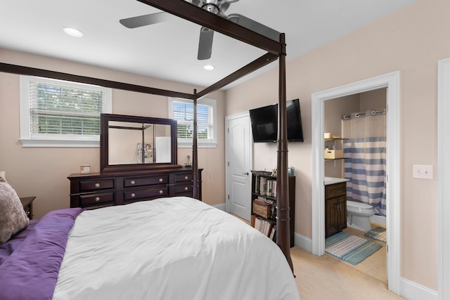 112 Bridge Crest Ct, Aiken, SC 29803 - bedroom with light carpet, recessed lighting, connected bathroom, a ceiling fan, and baseboards