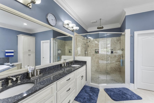 112 Bridge Crest Ct, Aiken, SC 29803 - bathroom with a stall shower, double vanity, tile patterned flooring, crown molding, and baseboards