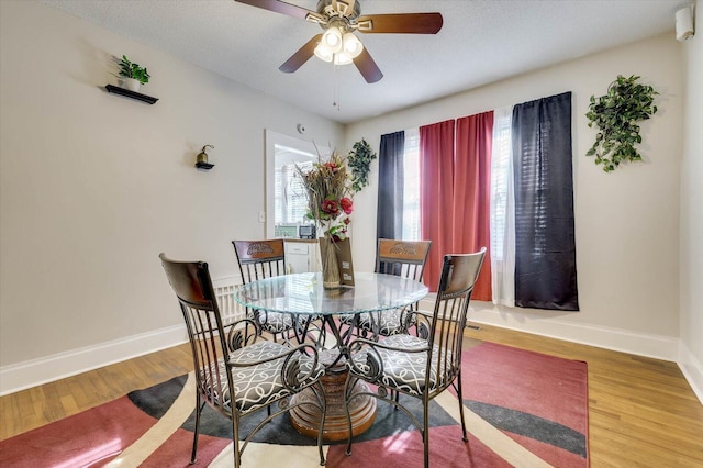 dining space featuring ceiling fan and wood-type flooring