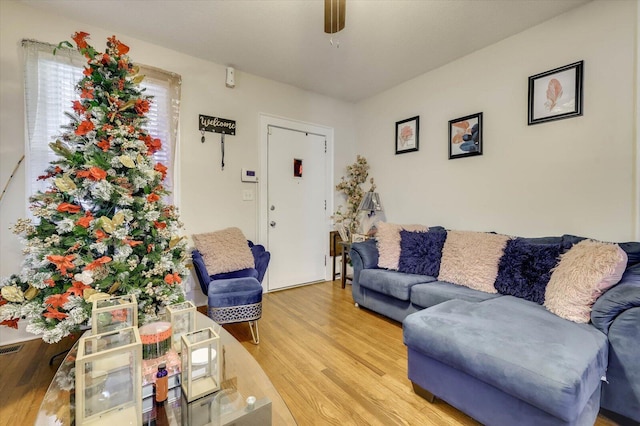 living room featuring hardwood / wood-style flooring and ceiling fan