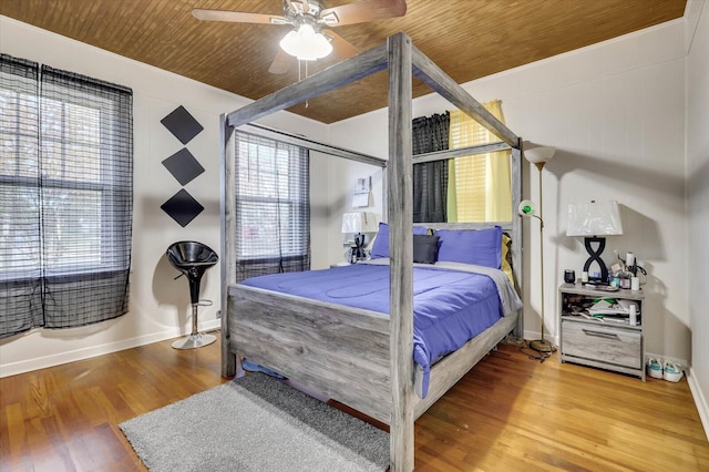 bedroom featuring hardwood / wood-style floors, ceiling fan, and wood ceiling