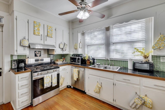 kitchen with white cabinetry, sink, light hardwood / wood-style flooring, and appliances with stainless steel finishes