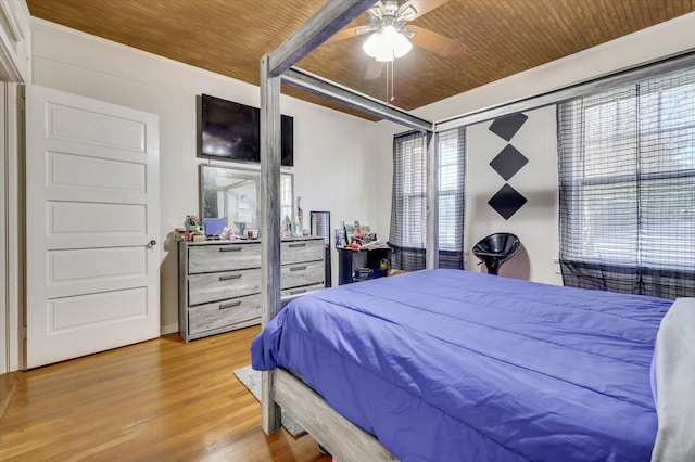 bedroom with ceiling fan, wooden ceiling, and light wood-type flooring