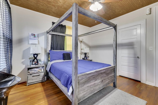 bedroom with hardwood / wood-style flooring, ceiling fan, and wood ceiling