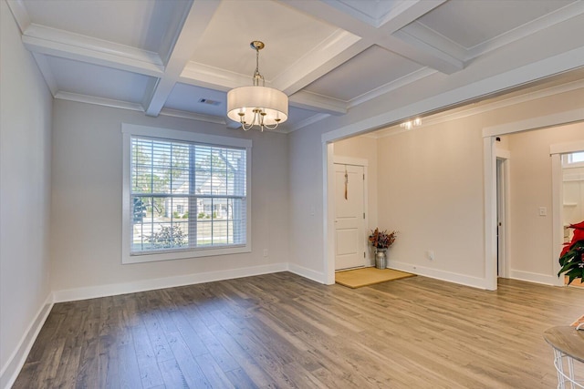 interior space featuring hardwood / wood-style floors, coffered ceiling, crown molding, beamed ceiling, and a notable chandelier