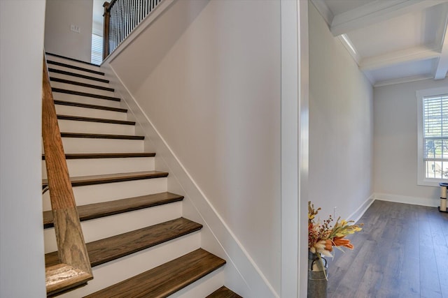 stairway featuring hardwood / wood-style flooring, ornamental molding, and beamed ceiling