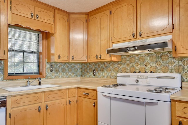 kitchen featuring tasteful backsplash, dishwasher, sink, and white stove