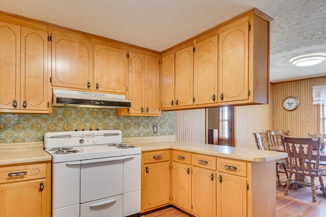 kitchen featuring kitchen peninsula, backsplash, white electric range oven, a textured ceiling, and light hardwood / wood-style floors