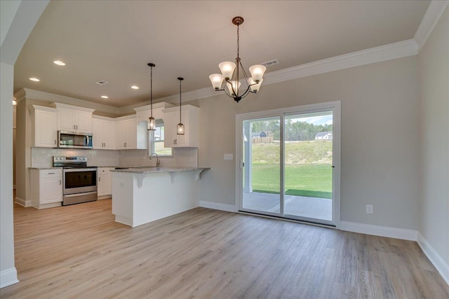 4062 Cottingham Way, Augusta, GA 30909 - kitchen with stainless steel appliances, light wood-type flooring, ornamental molding, tasteful backsplash, and a peninsula