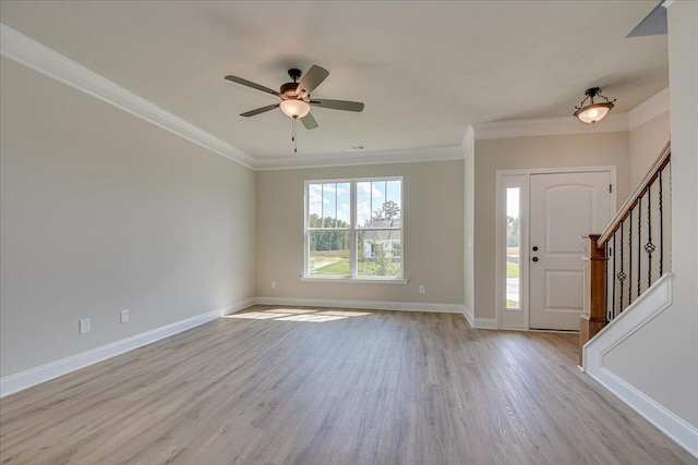 4062 Cottingham Way, Augusta, GA 30909 - foyer entrance featuring light wood-type flooring, ornamental molding, baseboards, ceiling fan, and stairs