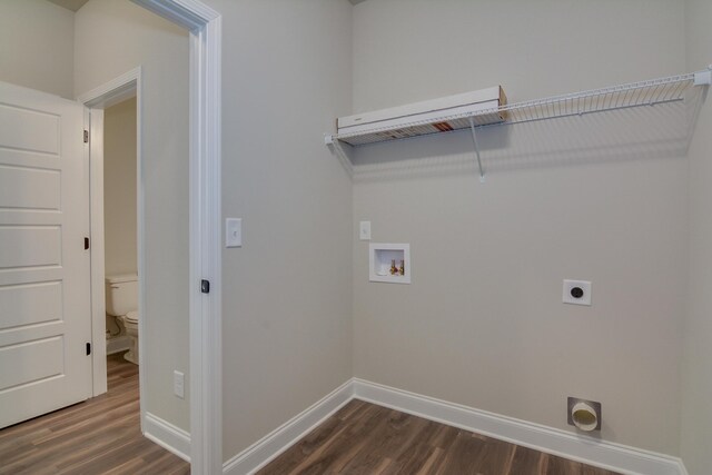 4062 Cottingham Way, Augusta, GA 30909 - laundry room featuring electric dryer hookup, dark wood-style flooring, washer hookup, and baseboards