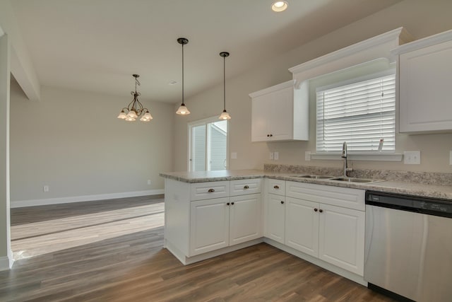 4062 Cottingham Way, Augusta, GA 30909 - kitchen with dishwasher, a sink, a peninsula, dark wood-style floors, and white cabinetry