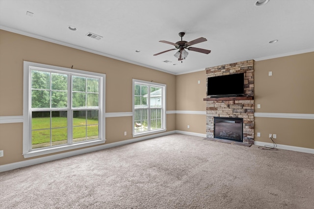 436 Sebastian Dr, Grovetown, GA 30813 - unfurnished living room with ornamental molding, ceiling fan, a fireplace, and carpet flooring