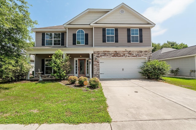 436 Sebastian Dr, Grovetown, GA 30813 - view of front of property featuring driveway, a garage, covered porch, a front lawn, and stone siding