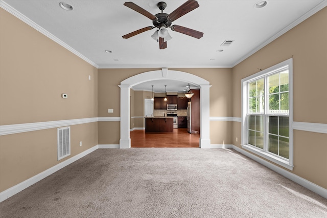 436 Sebastian Dr, Grovetown, GA 30813 - carpeted empty room with decorative columns, arched walkways, ceiling fan, ornamental molding, and recessed lighting