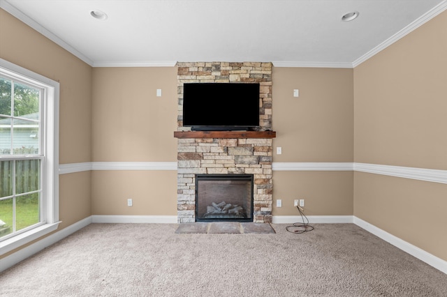 436 Sebastian Dr, Grovetown, GA 30813 - unfurnished living room featuring a stone fireplace, crown molding, and carpet floors