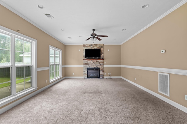 436 Sebastian Dr, Grovetown, GA 30813 - unfurnished living room with a fireplace, ceiling fan, crown molding, carpet floors, and recessed lighting