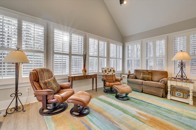 living area featuring high vaulted ceiling and wood finished floors