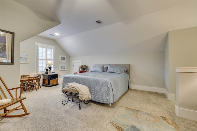 bedroom featuring baseboards, visible vents, recessed lighting, vaulted ceiling, and carpet flooring