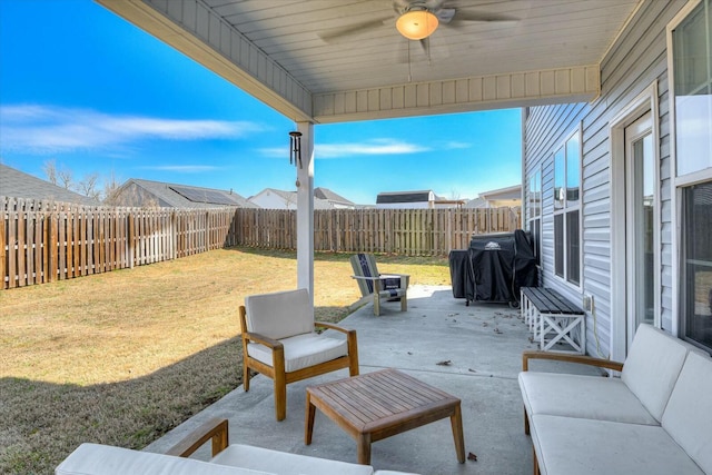 view of patio / terrace featuring outdoor lounge area, a grill, a fenced backyard, and ceiling fan