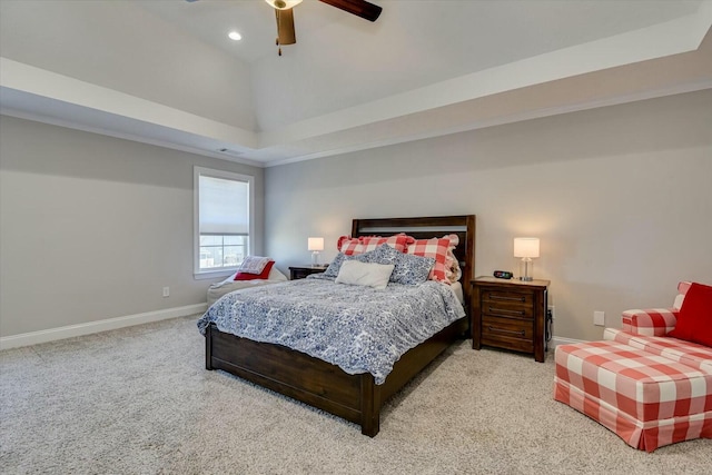 bedroom with recessed lighting, baseboards, light carpet, and a ceiling fan