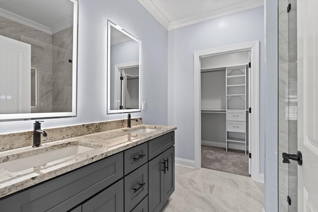 bathroom featuring vanity, walk in shower, and ornamental molding