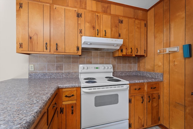 kitchen with backsplash and white electric range