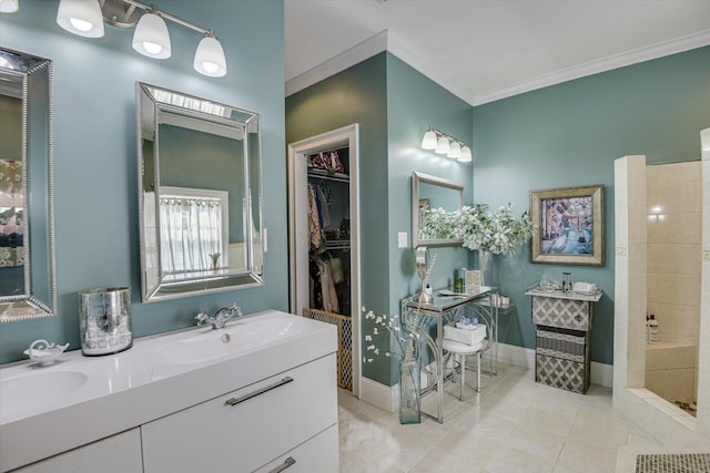 bathroom with tile patterned flooring, vanity, a shower, and ornamental molding