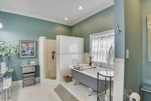 bathroom featuring tile patterned floors, crown molding, and independent shower and bath