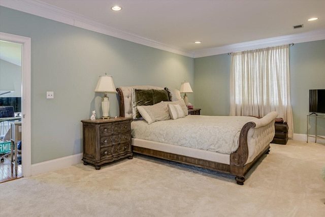 bedroom with carpet and ornamental molding