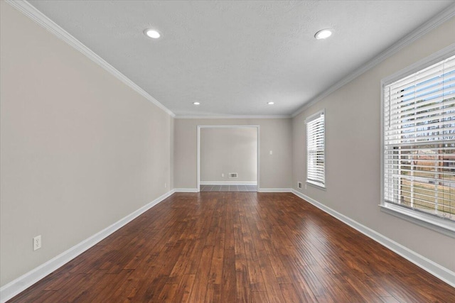 unfurnished room featuring crown molding, recessed lighting, baseboards, and dark wood-style flooring