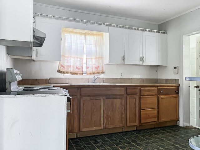 kitchen with sink, white cabinetry, white electric range, exhaust hood, and crown molding