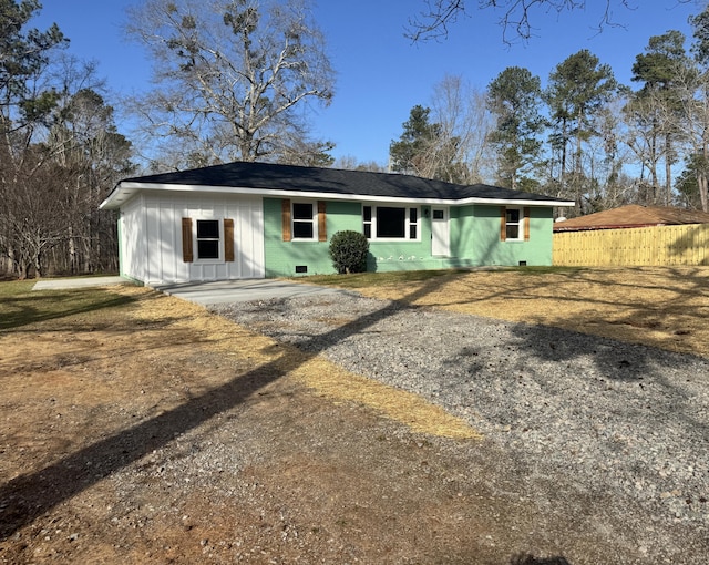 ranch-style house with crawl space and fence