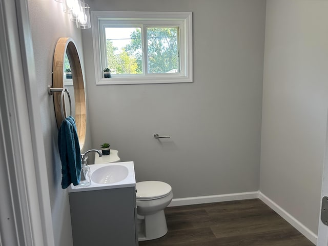 bathroom featuring hardwood / wood-style floors, vanity, and toilet