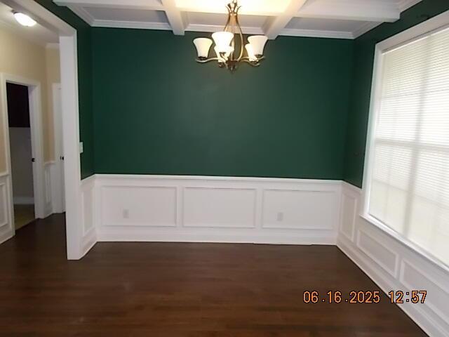 437 Sebastian Dr, Grovetown, GA 30813 - unfurnished dining area with coffered ceiling, beam ceiling, a chandelier, wainscoting, and dark wood-style flooring