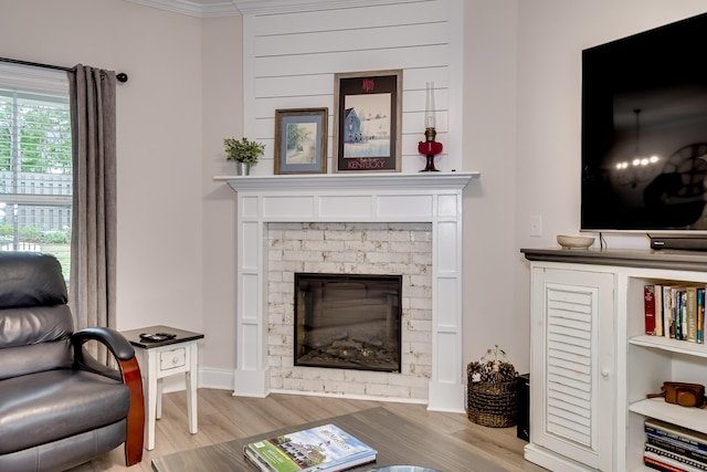 living area with wood finished floors and a glass covered fireplace